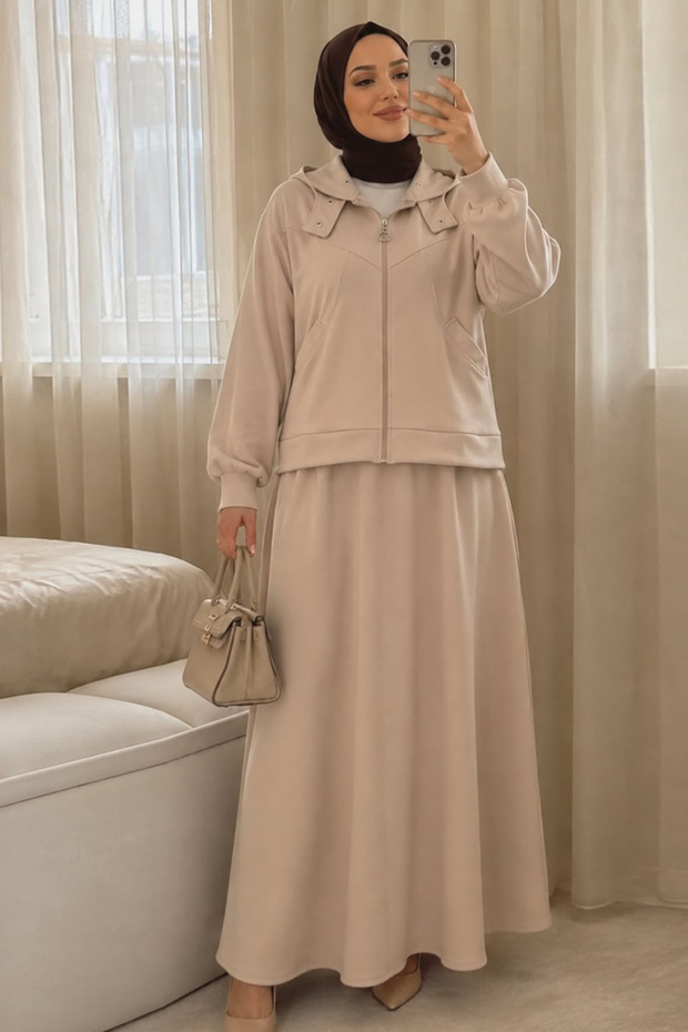 Button Detailed Beige Hijab Double Set 56781Bej
