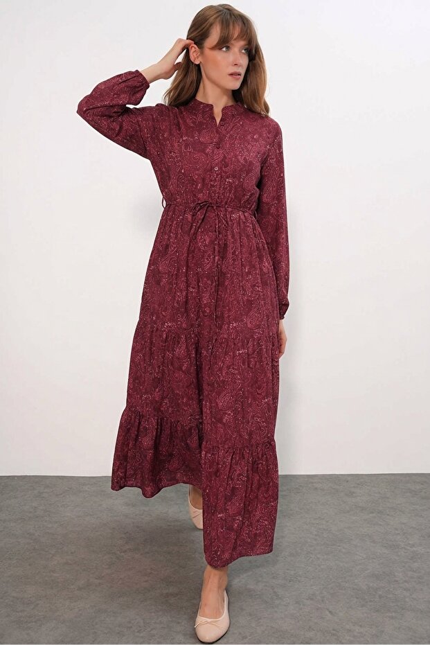Women's Patterned Long Hijab Dress 2586 - Burgundy