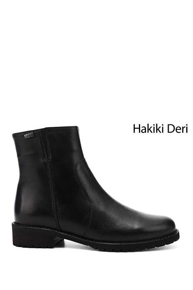 Women's Black Zippered Rubber Sole Genuine Leather Boots
