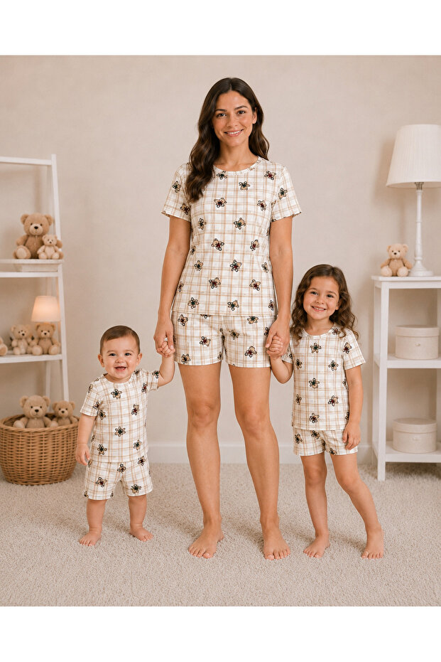 MOTHER CHILD MATCHING PAJAMA SET PLAID BEAR PATTERN SHORT SLEEVE SHORTS (SOLD SEPARATELY)