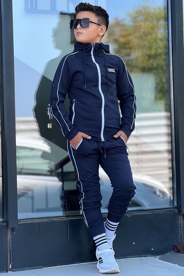 Boy's Scuba Unlimited Double Stripe Hooded Raglan Sleeve Diving Fabric Tracksuit Set Esf7024