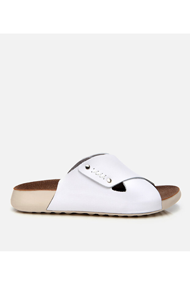 Women's Leather White Flat Slippers