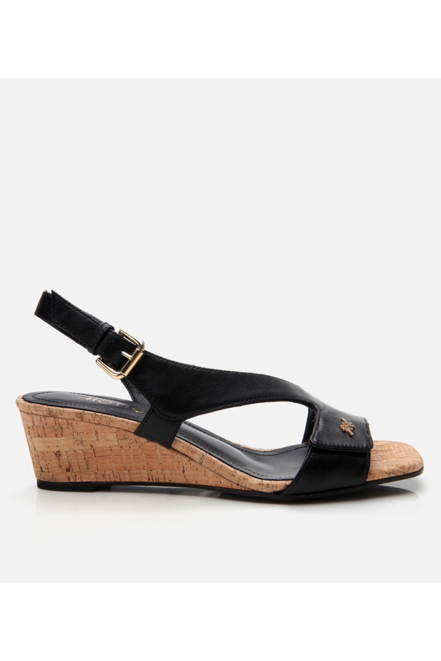 Women's Leather Black Belted Wedge Heeled Sandals