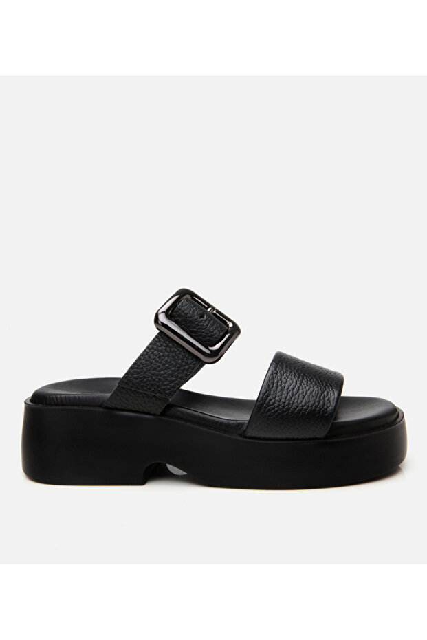 Women's Leather Black Belted Heeled Slippers