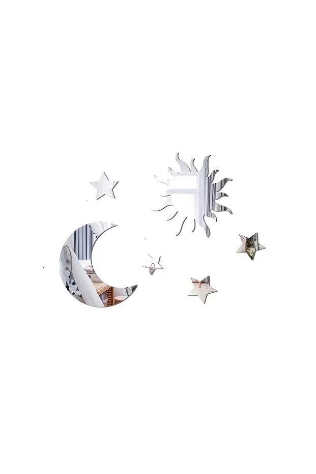 Silver 6pcs Star & Moon Combination Mirror Wall Sticker for Bedroom and Living Room - Ramadan Kareem