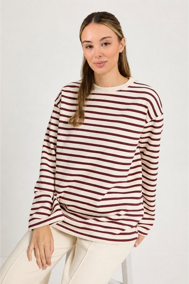 Burgundy Beige Striped Basic Sweatshirt