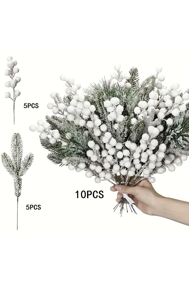White Mix 10Pcs Snow White Artificial Pine Needle Berry Bouquet Christmas Decoration for Xmas Tree G