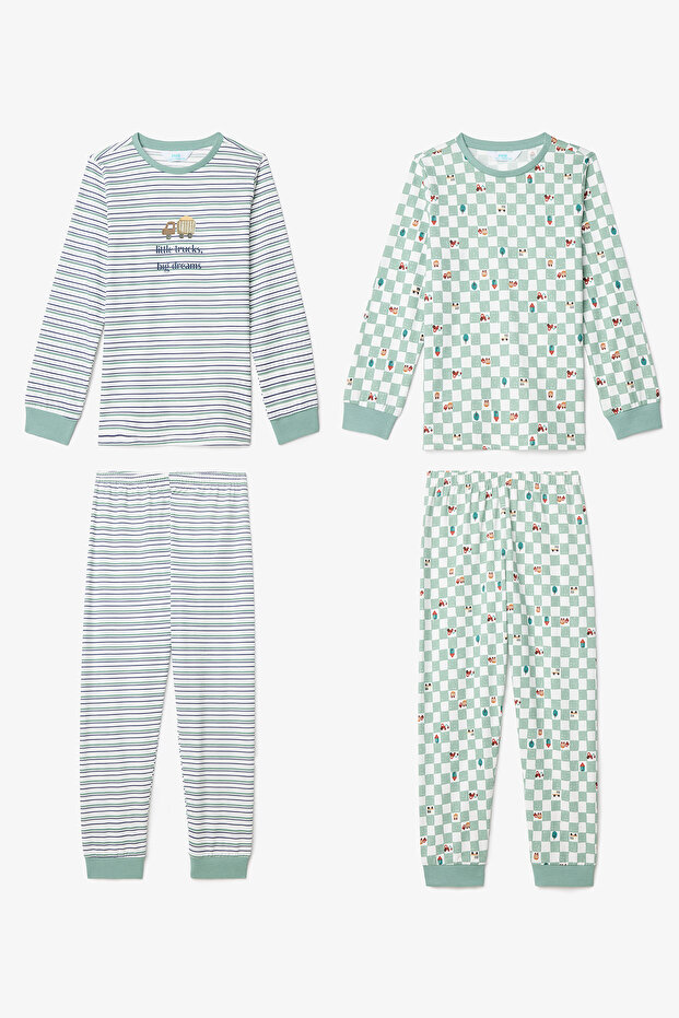 Off-White Boys' Little Truck Striped Cotton Long Sleeve 2-Piece Pajama Set