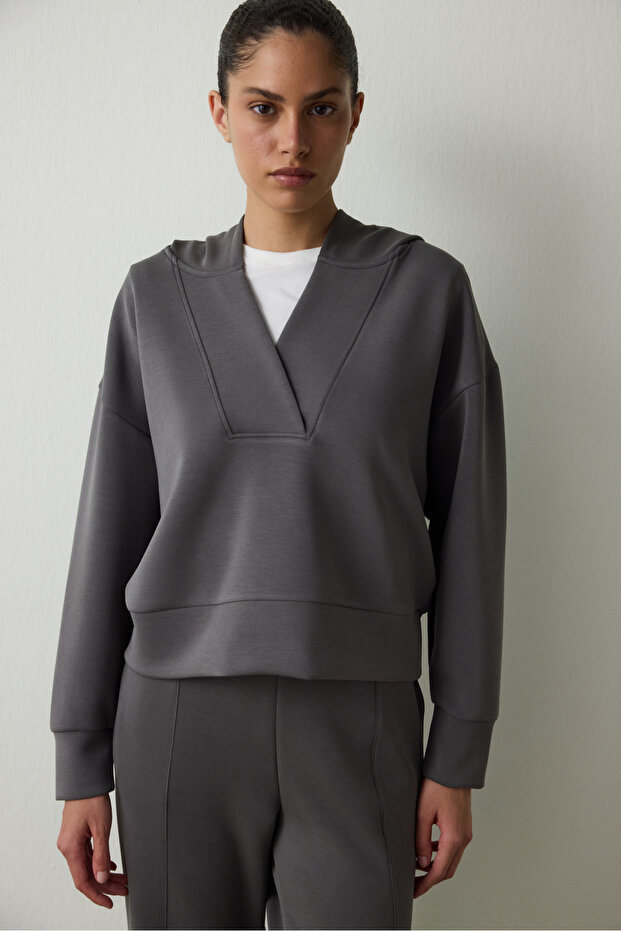 Anthracite Hooded Modal Crop Sweatshirt