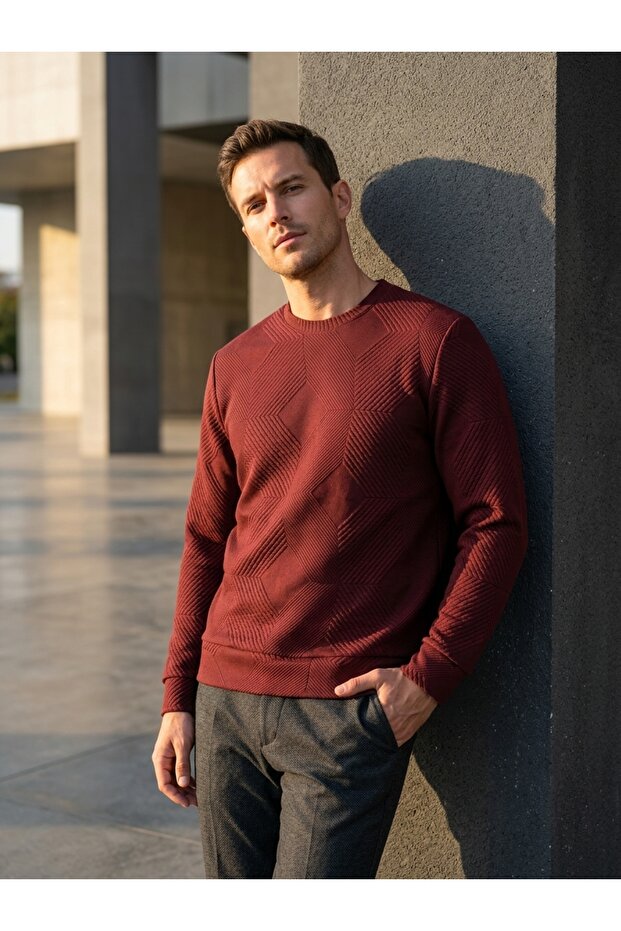 Cavalry Loose Cut O Neck Quilted Ethnic Patterned Claret Red Sweatshirt