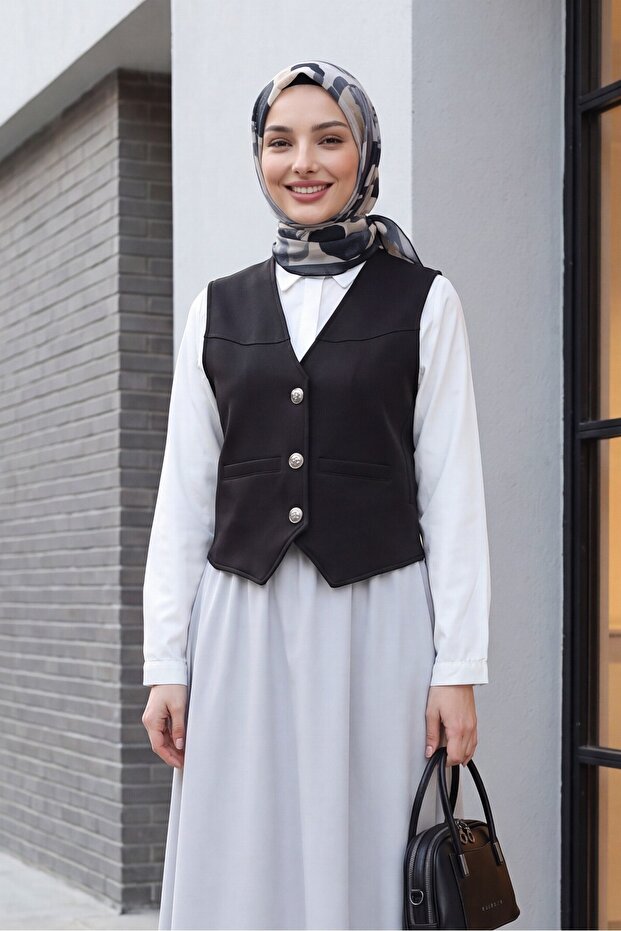 Black Scuba Vest - with Pocket Detail and Buttons