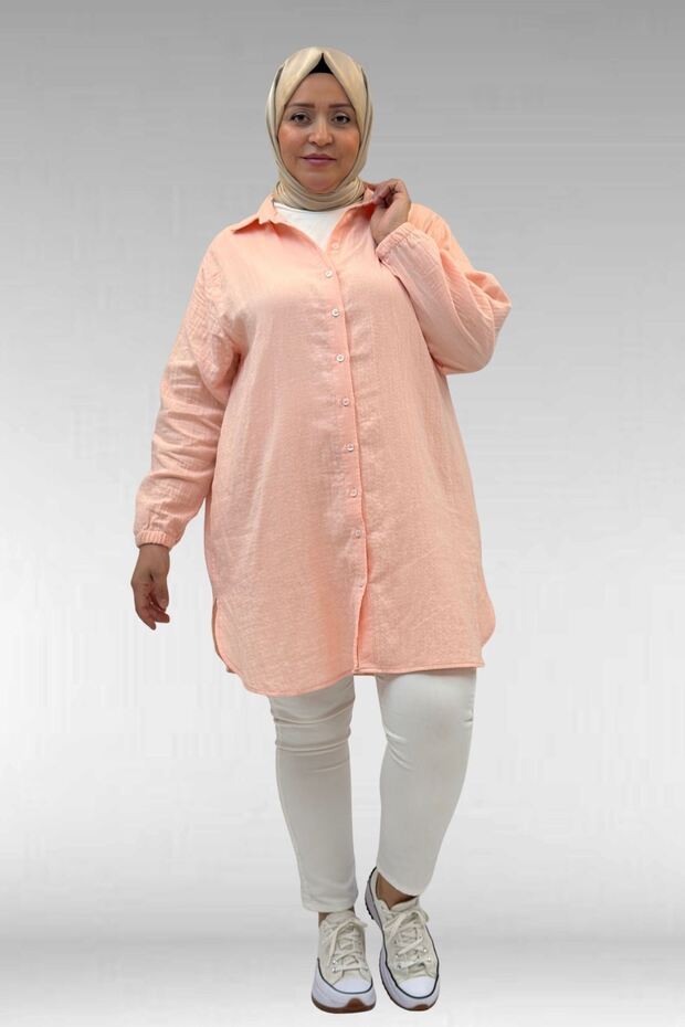 58091 Plus Size Muslin Shirt with Elastic Sleeves - Powder Pink