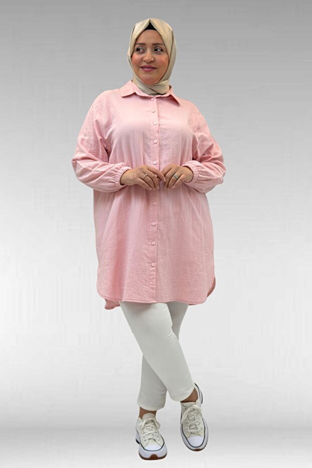 58091 Plus Size Muslin Shirt with Elastic Sleeves - Candy Pink
