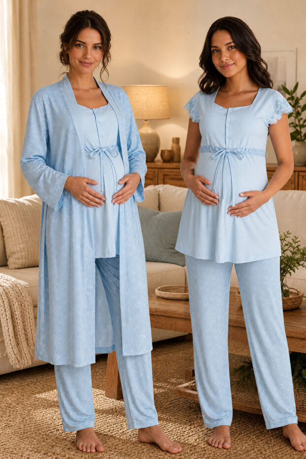 Patterned Dressing Gown Maternity Pajama Set Effortt - Blue