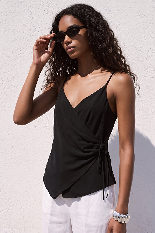 Strappy Double Breasted Blouse - Black
