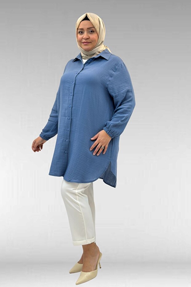 58091 Plus Size Muslin Shirt with Elastic Sleeves - Cool Blue