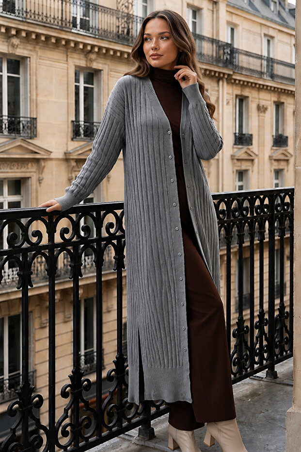 Patterned Long Mercerized Cardigan N3257 Gray