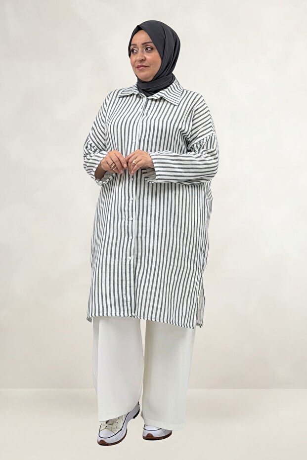 68081 Plus Size Low Sleeve Striped Muslin Shirt - Navy Blue Striped
