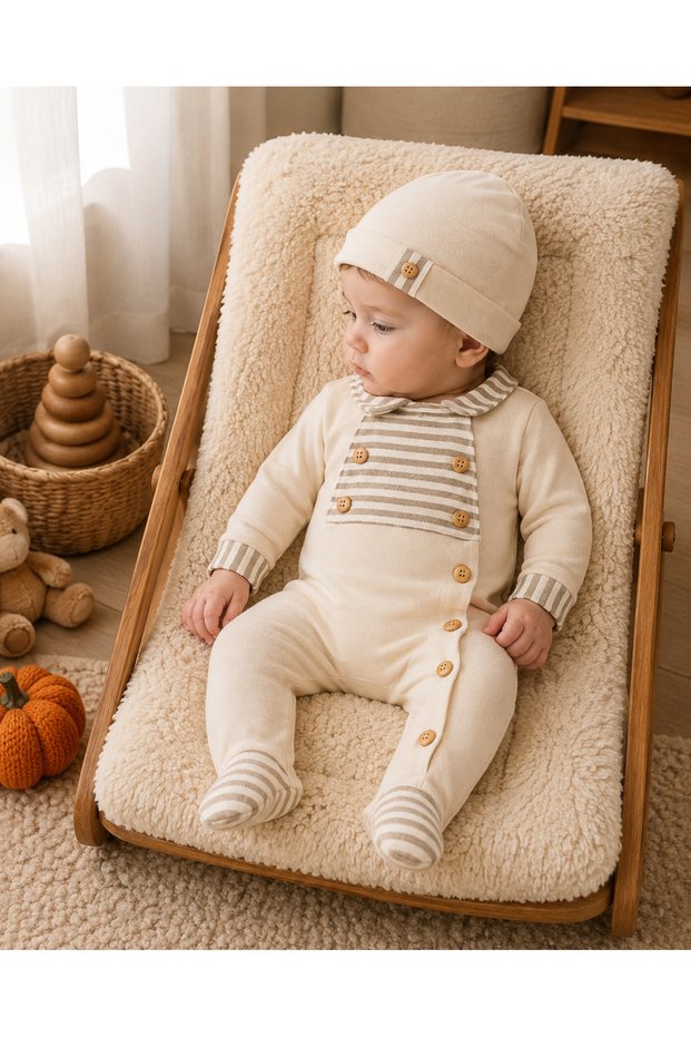 Baby Boy Jumpsuit with Wooden Buttons Premium Jumpsuit and Beanie Set 0-3 Months Newborn Baby Gift