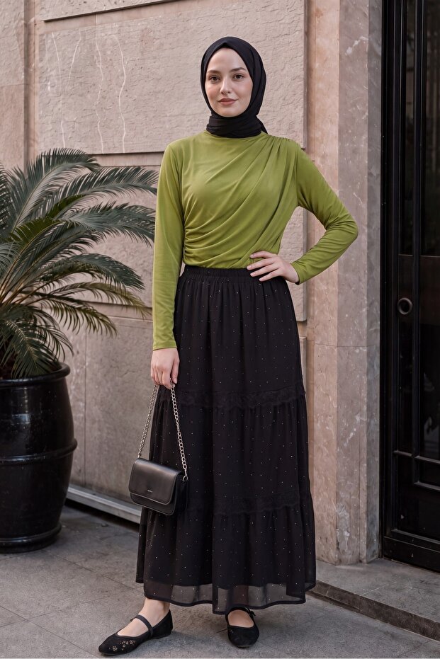 Half Throat Drawstring Sandy Blouse - Oil Green