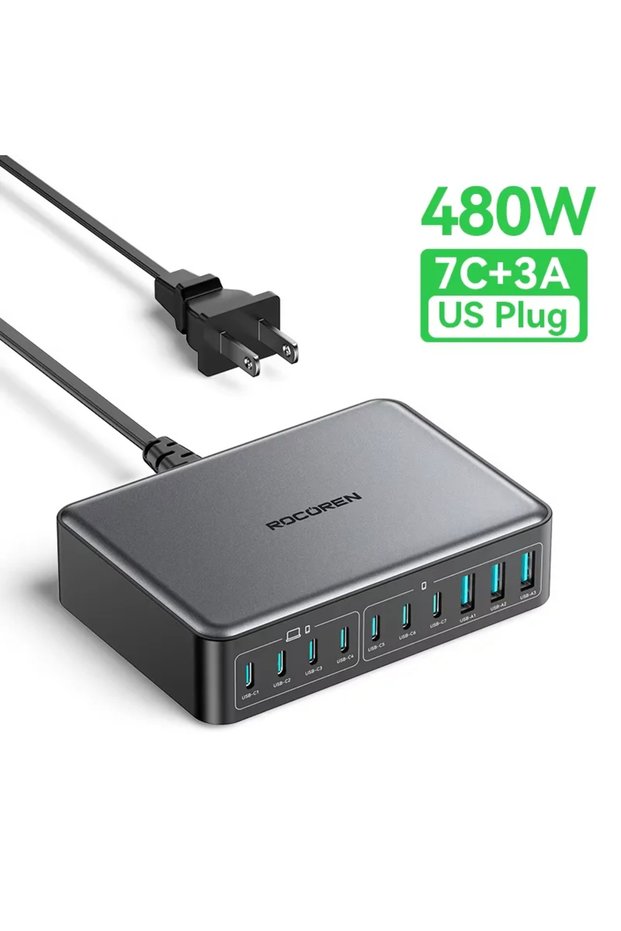 US Plug Rocoren 480W USB C Charger 10 Ports Type C Charging Station Multiple Devices Gan Fast Charge
