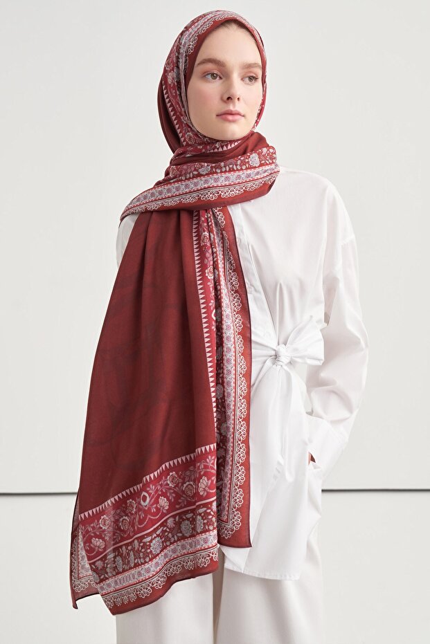 Seraye Pattern Norena Wool Shawl Burgundy