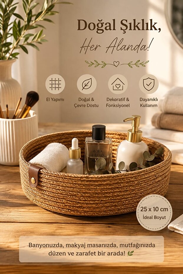 Jute Wicker Basket, Makeup Perfume, Bathroom Basket, Multi-Purpose Kitchen Organizer, Nail Polish Organizer 25X10