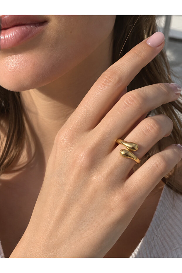 Minimal Teardrop Design Gold Color Women's Steel Ring - Adjustable Size
