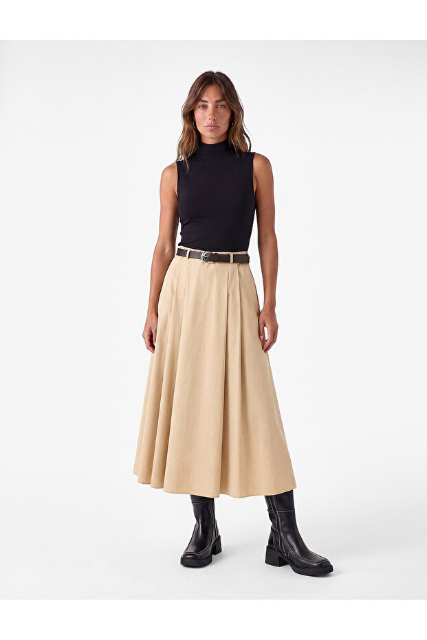 Belted Loose-Fit Cotton Poplin Flared Skirt with Side Pockets