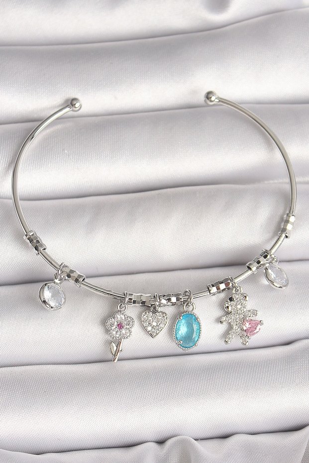 Brass Silver Color Dangle Zircon Stone Teddy Bear Figure Flower Detail Charm Women's Bracelet