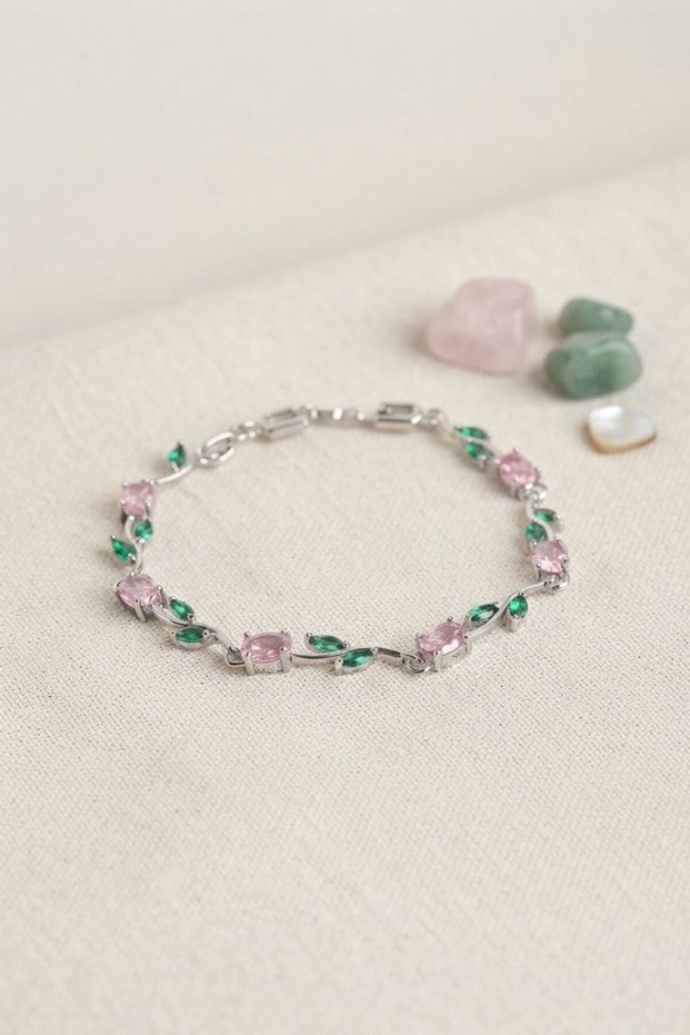 Brass Silver Color Pink Zircon Stone Flower Model Women's Bracelet