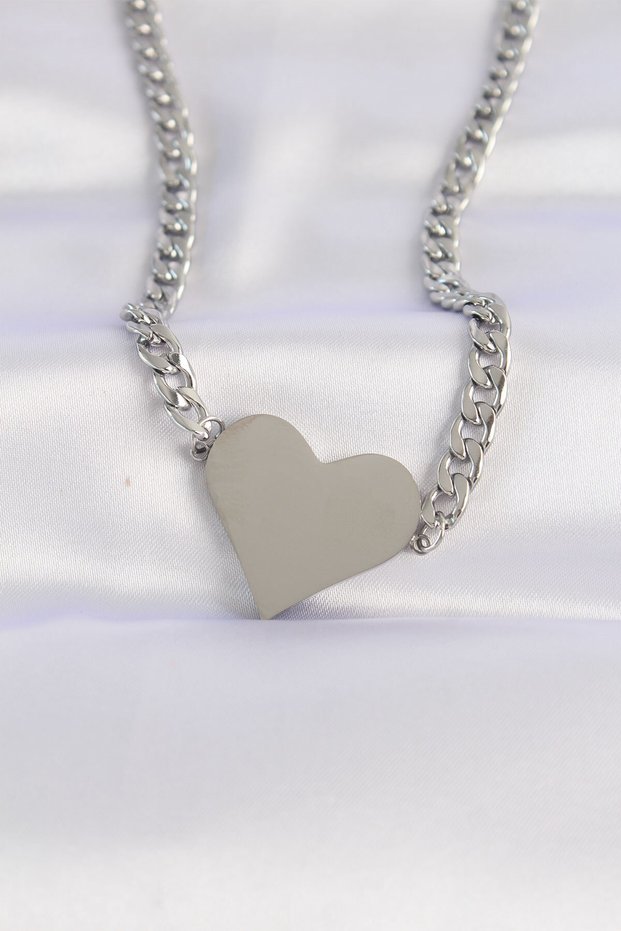 316l steel chain silver color flat plate heart necklace