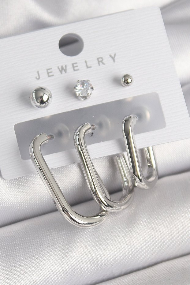 Brass Silver Color Hoop Model Zircon Stone Topcuk Detail Women's Earring Set