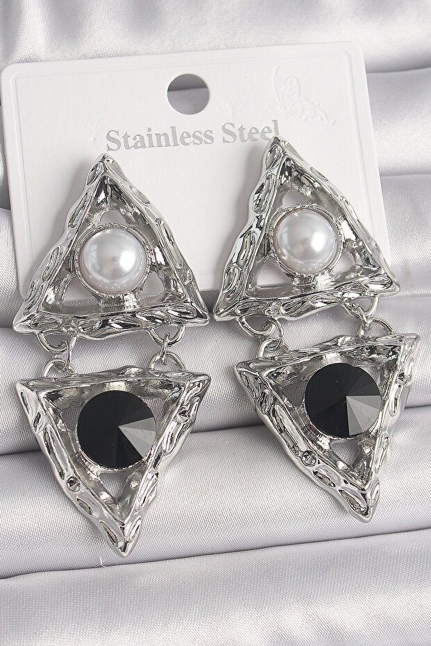 Brass Silver Color Dangle Triangle Model Pearl Detail Women's Earrings