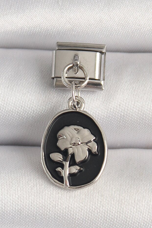 316L Steel Silver Color Silver Flower Embroidered Black Portrait Model Nomination Charm