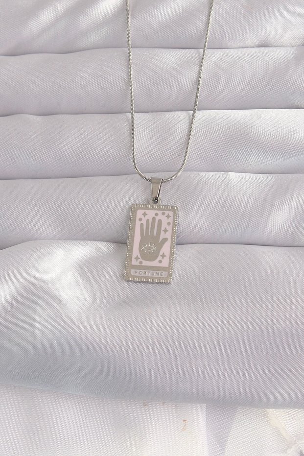 316L Steel Silver Color Pink Enameled Hand Figure Tarot Necklace