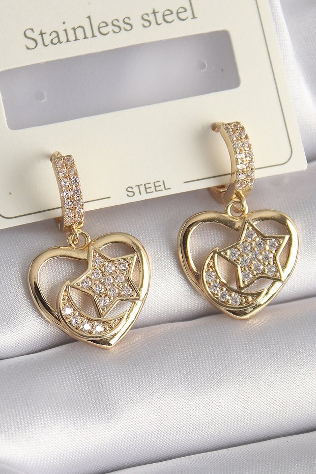 Brass Gold Color Zircon Stone Heart Model Moon Star Embroidery Women's Earrings