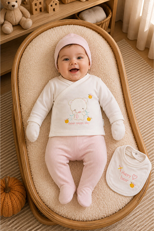 Floral Teddy Bear Patterned 5-Piece Newborn Hospital-Issued Bodysuit Set