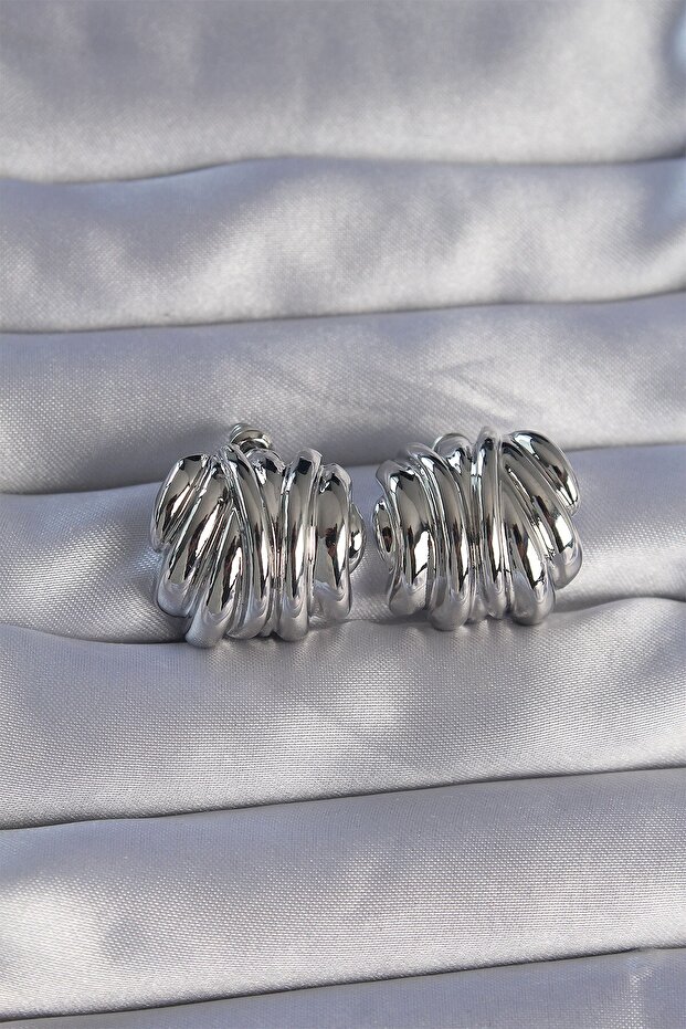 Brass Silver Color Serrated Bombe Model Earrings