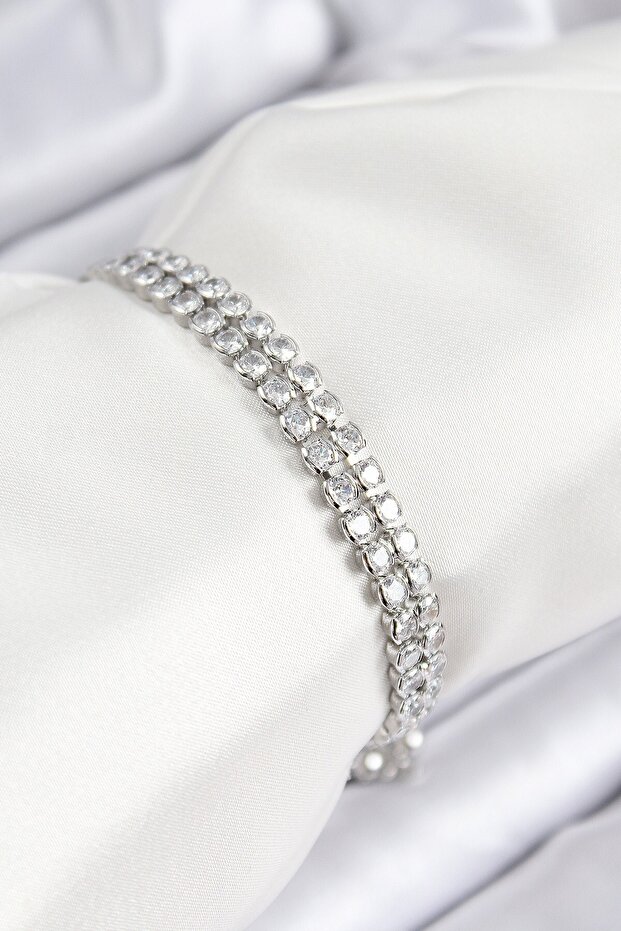 Brass Zircon Stone Double Row Model Silver Color Elevator Women's Bracelet