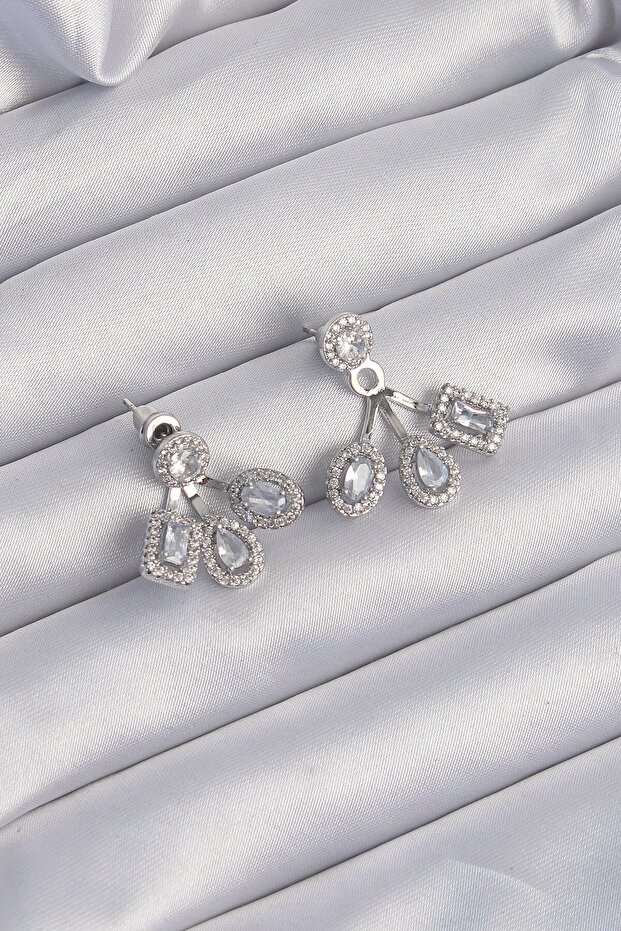 Brass Silver Color Zircon Stone Geometric Model Earrings