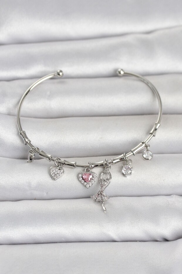Brass Silver Color Ballerina Detail Charm Women's Bracelet