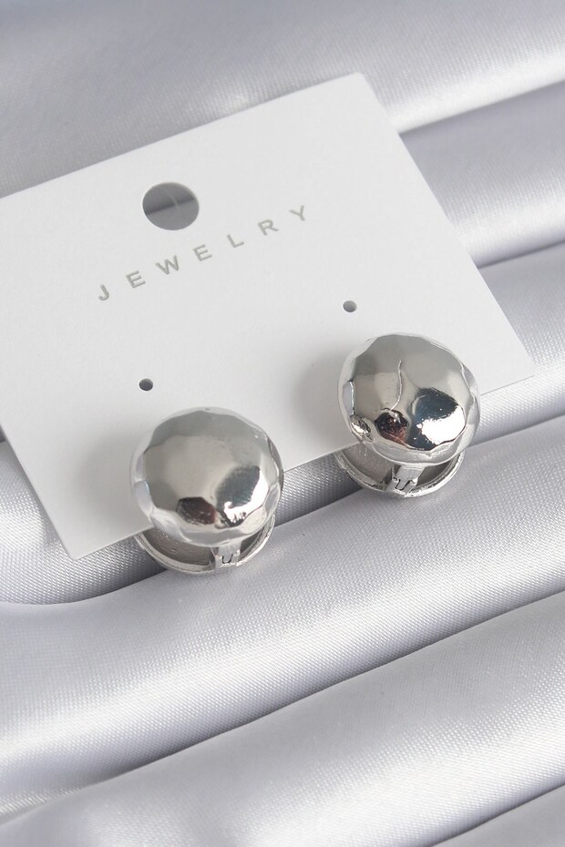 Brass Silver Color Embroidery Detail Ball Model Women's Earrings