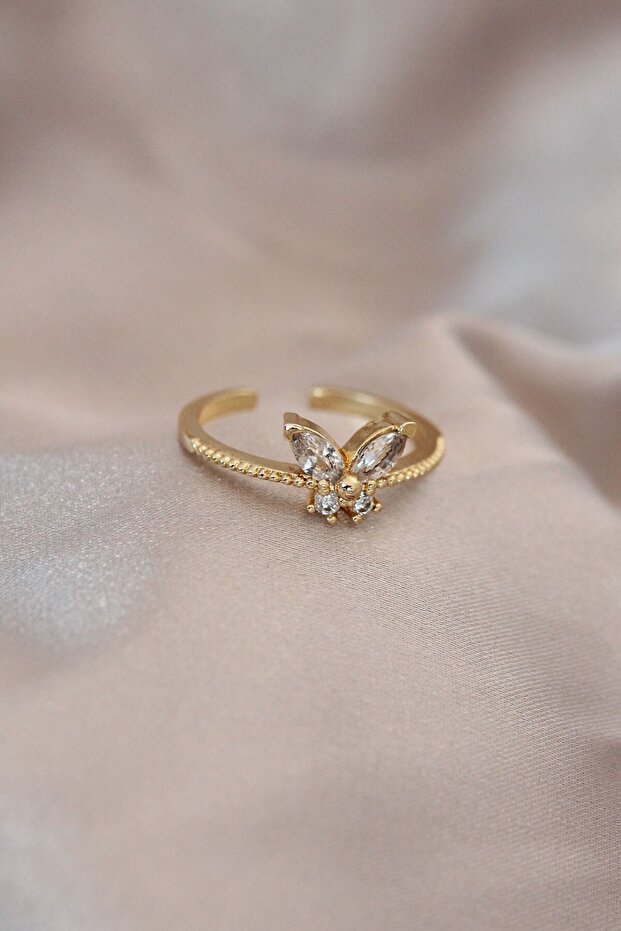 Adjustable Gold Color Metal Zircon Stone and Crystal Stone Butterfly Model Ring