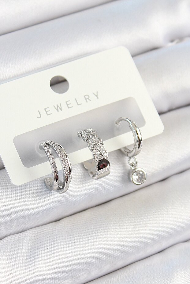 Brass Zircon Stone Hoop Model Silver Color 3-Piece Double Women's Earring Set