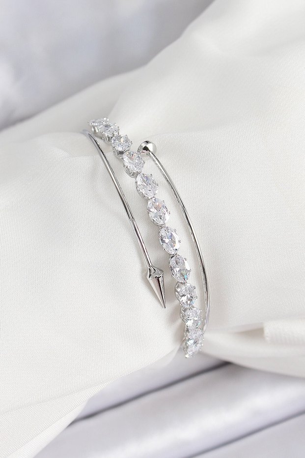 Brass Silver Color Barley Zircon Stone Women's Bracelet