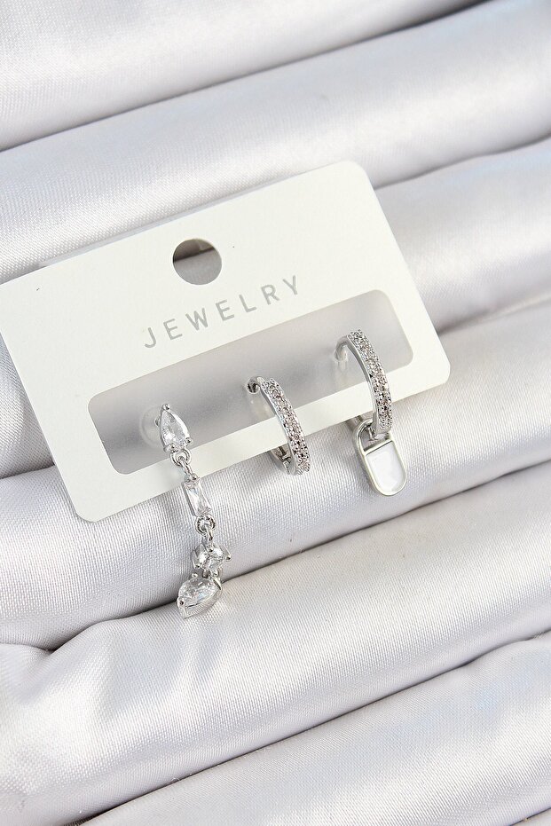 Brass Zircon Stone Dangle Model Silver Color 3-Piece Double Women's Earring Set