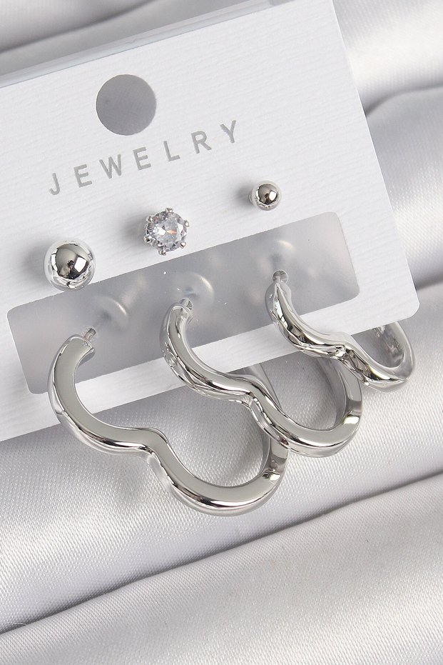 Brass Silver Color Heart Model Zircon Stone Ball Detail Women's Earring Set