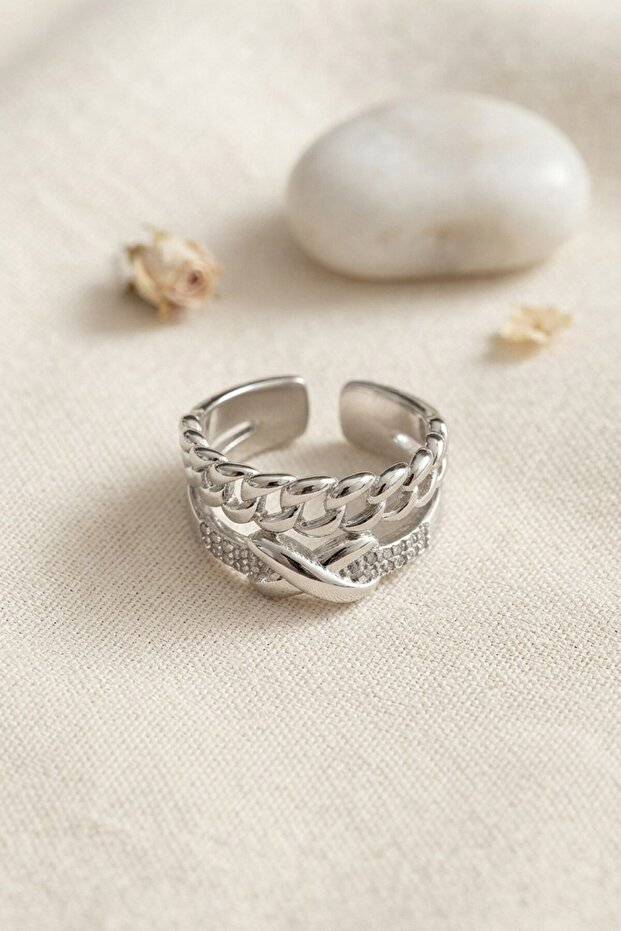 Adjustable Silver Color Ring with Chain and Knot Detail