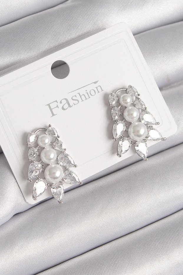 Brass Silver Color Zircon Stone Leaf Model Pearl Detail Women's Earrings